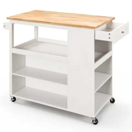 Costway Kitchen Island Trolley Cart on Wheels with Storage Open Shelves & Drawer White/Brown image {9}
