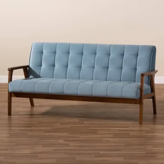 Asta Velvet Upholstered Wood Sofa Light Blue/Walnut - Baxton Studio image {7}