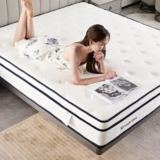 Luck Live 12 inch boxed Queen mattress, medium firmness support, pressure relief, and CertiPUR-US certified. image {3}