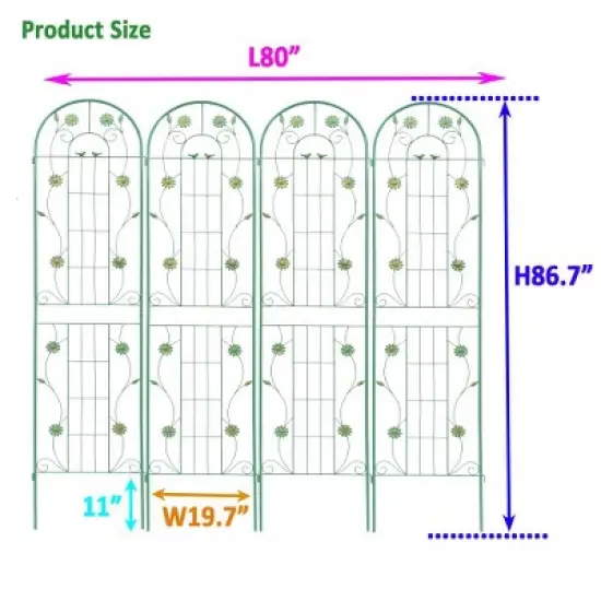4 Pack Metal Garden Trellis 86.7" x 19.7" Rustproof Trellis for Climbing Plants Outdoor Flower Support Green image {5}