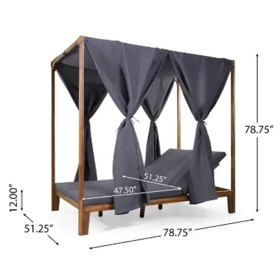 Christopher Knight Home Kinzie Outdoor Acacia Wood 2 Seater Adjustable Daybed with Curtains,Teak/Dark Gray image {2}