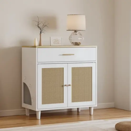 Cat Litter Box Enclosure, Hidden Litter Box Cabinet Furniture with with Drawer and Scratch Pad Doors, Indoor Wood Cat Kitty House Furniture image {7}