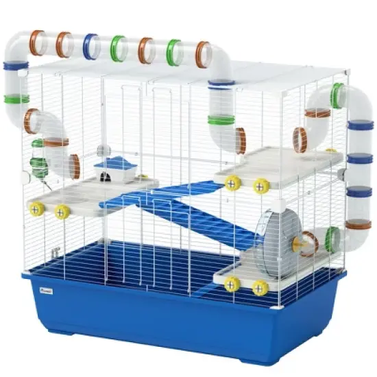 PawHut Hamster Cage, 4 Tier Small Animal Cage Rat Cage with Tunnel Tube System, Hut, Exercise Wheel, Water Bottle, Food Dish, for Syrian, Gerbil, Blue image {3}