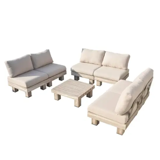 Moda Furnishings 6-Person Outdoor Patio Aluminum Wood Grain Sectional Seating Group With Beige Cushions image {9}