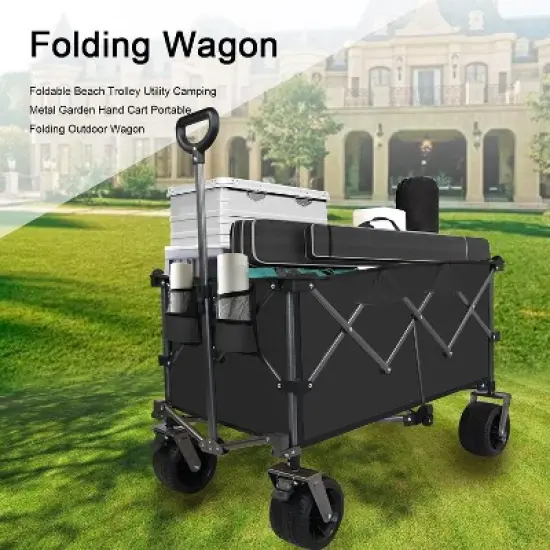 HTUTWOO Utility Collapsible Wagon Cart, Adjustable Handle & Cup Holders, Heavy Duty 400 lbs, All-Terrain Quiet Wheels image {5}