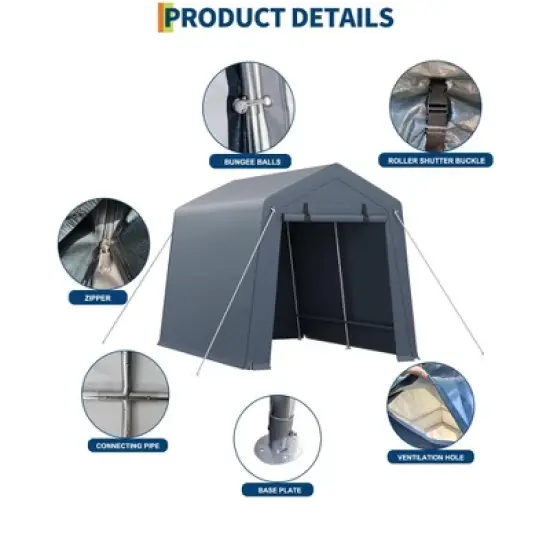 7x10FT Portable Outdoor Storage Shed with 2 Roll-Up Zipper Doors & Vents,Waterproof PE Tarp,UV-Resistant Carport for Motorcycle,Firewood,Tools-Gray image {4}