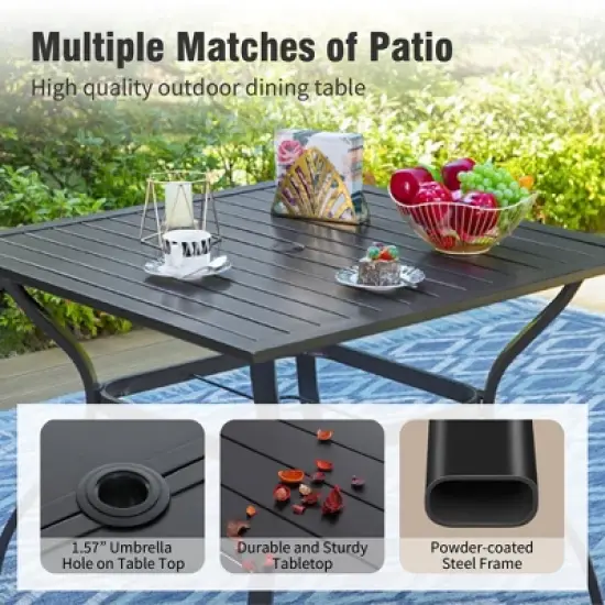 Captiva Designs 6pc Patio Square Table & Fusiform Back Metal Chairs & Beige Umbrella image {2}