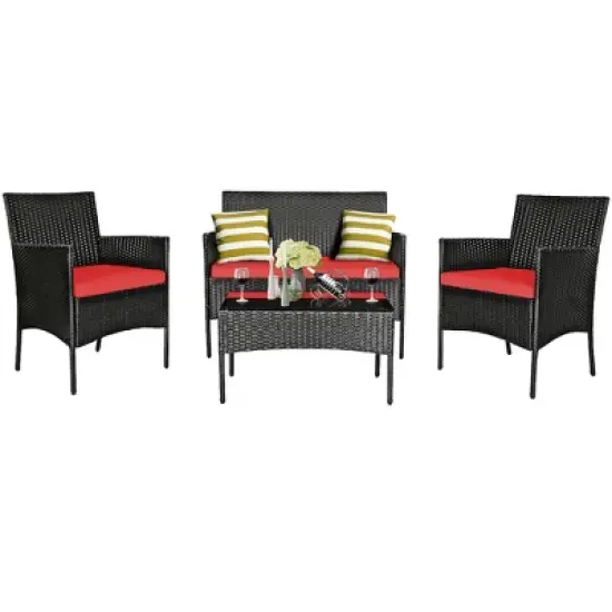 Costway 4PCS Patio Rattan Furniture Set Cushioned Sofa Coffee Table Backyard Turquoise\Red image {7}