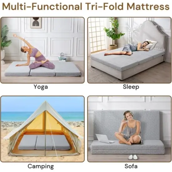 Wellos Non-Slip Firm Portable Tri Folding Gel Memory Foam Mattress 4" Foldable Mattress image {5}