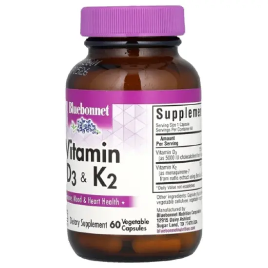 Bluebonnet Nutrition Vitamin D3 & K2, 60 Vegetable Capsules image {2}