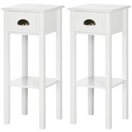 HOMCOM 2-Tier Side Table with Drawer, Narrow End Table with Bottom Shelf, for Living Room or Bedroom, Set of 2, White image {3}