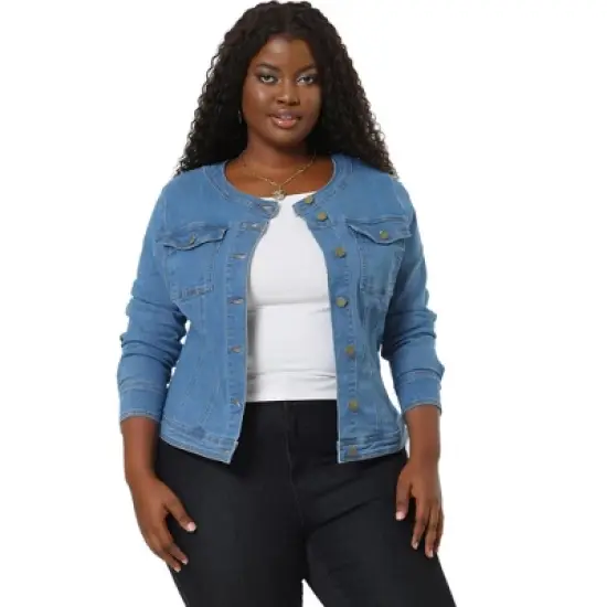 Agnes Orinda Women's Plus Size Jean Jacket Long Sleeves Collarless Denim Jacket image {11}