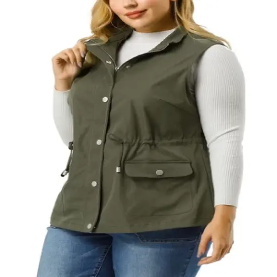 Agnes Orinda Women's Plus Size Utility Vest Cargo Pocket Drawstring Waist Sleeveless Jacket image {1}