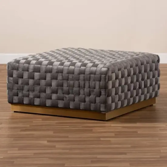 Noah Velvet Fabric Upholstered Square Cocktail Ottoman Gray/Gold - Baxton Studio image {4}