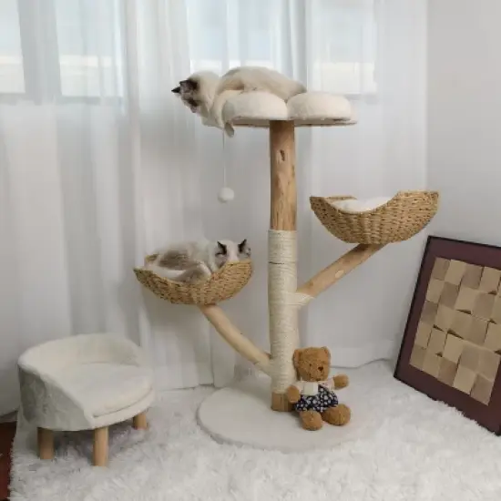 Artloge 2/3Tiers Wooden Cat Climbing Tree Indoor Cat Tree Activity Tower Cozy Kitten Play House with Plush Cushion & Sisal Scratch Post & Dangling Toy image {9}