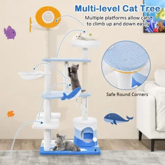 Petsite Ocean-themed Cat Tree Tower with Sisal Covered Scratching Posts Condo Perch Hammock image {8}