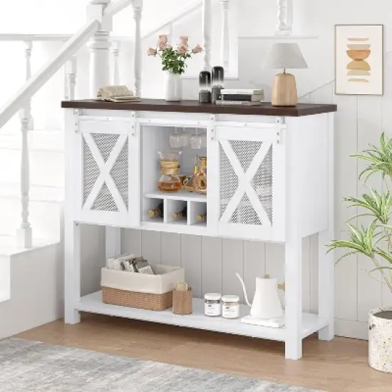 Farmhouse Sideboard Buffet Cabinet with Sliding Barn Doors, Open Storage Shelf & Wine Racks, Entryway Table for Kitchen, Dining Room, Hallway image {2}