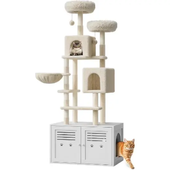 75.6'' Modern 2-in-1 Cat Tree & Hidden Litter Box Enclosure &ndash; Wooden Tower with Condo, Hammock, Scratching Post, Plush Perch & Removable Pompoms image {7}