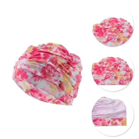 Unique Bargains Polyester Flower Pattern Swim Cap 5.91"x9.25" Pink White 1 Pc image {2}