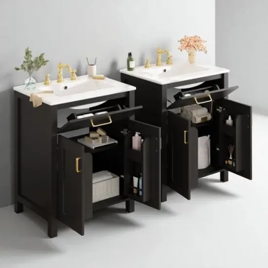 48" Freestanding Double Bathroom Vanity with Dual Ceramic Sinks, Solid Wood Cabinet with 4 Soft-Close Doors, No Faucet image {2}