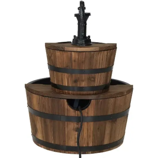 Sunnydaze 23"H Electric Fir Wood 2-Tier Farmhouse Barrel with Metal Decorative Hand Pump Outdoor Water Fountain image {6}