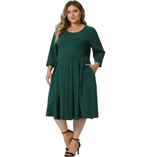 Agnes Orinda Women's Plus Size 3/4 Sleeve Round Neck with Pocket Flowy Dress image {2}