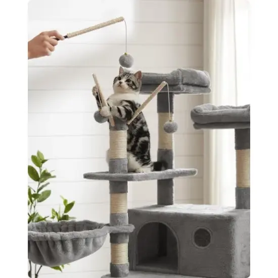 FEANDREA Cat Tree, Large Cat Tower, 64.6 Inches, Cat Activity Center with Hammock, Basket, Removable Fur Ball Sticks, Cat Condo image {2}