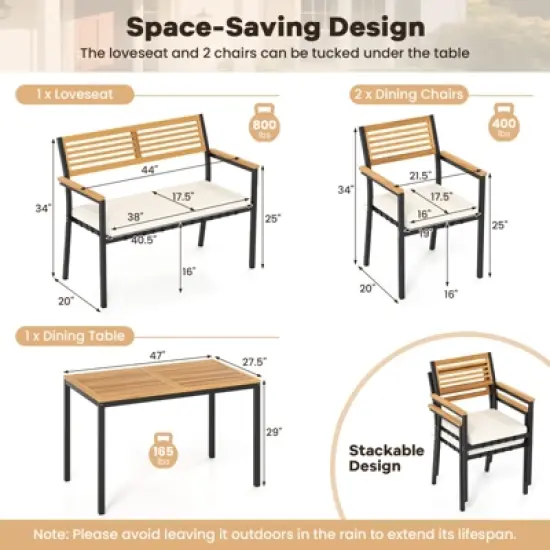 Tangkula Set Of 4 Patio Furniture Set Outdoor Dining Chair Set for 4 w/Acacia Wood & Metal Frame Umbrella Hole 1 Table 2 Armchairs 1 Bench image {8}