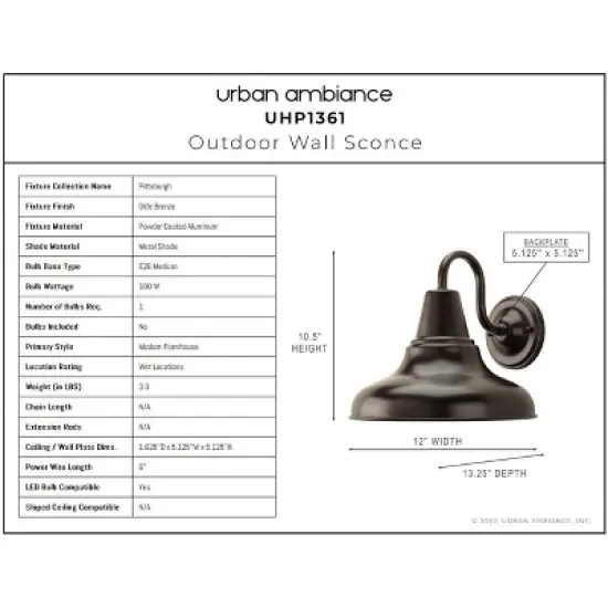 Urban Ambiance Luxury Industrial Outdoor Wall Sconce 10.5''H x 12''W,  Olde Bronze Finish,  Pittsburgh Collection, UHP1361 image {3}