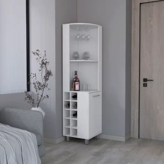 Gulches 10 Bottle Corner Wine Cabinet with Single Door Storage, 2 Superior Shelves Natural Oak and Black Finish Ready to Assemble, Eco Friendly image {8}