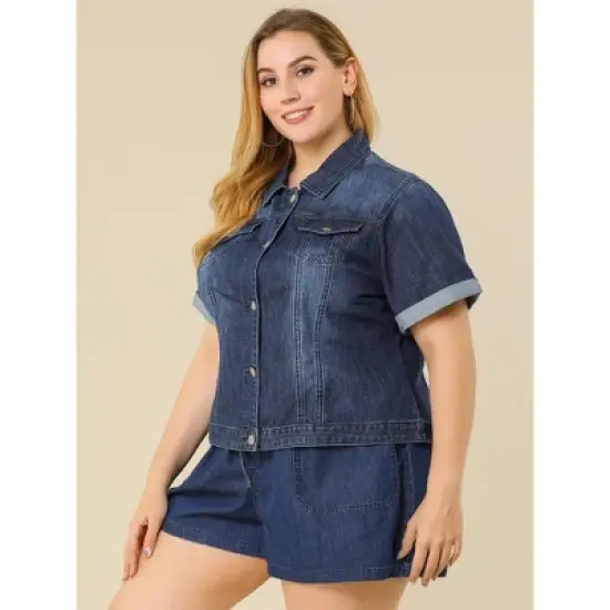 Agnes Orinda Women's Plus Size Denim Button Front Crop Short Sleeve Trucker Jean Jackets image {3}