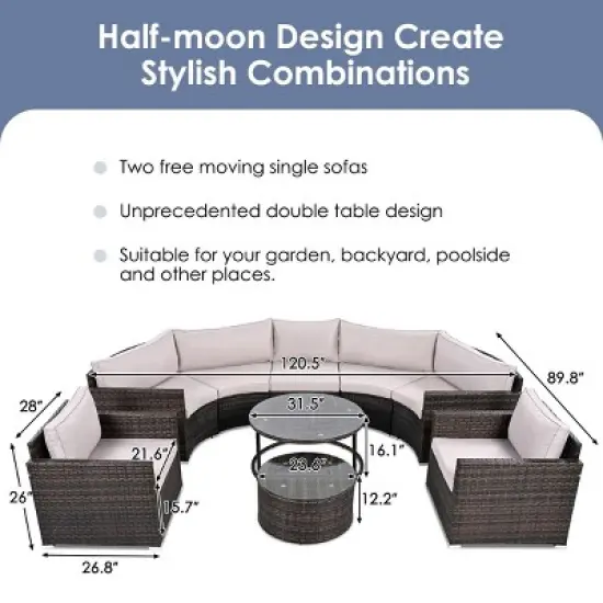 9 Piece Modern Wicker Half-Moon Patio Sectional Sofa Set,Round Rattan Garden Sofa with Cushion,Modular Wicker Patio Conversation Sets-Coolbibila image {5}