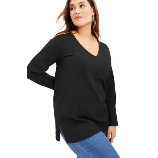 June + Vie by Roaman's Women&rsquo;s Plus Size Long-Sleeve V-Neck One + Only Tunic image {3}