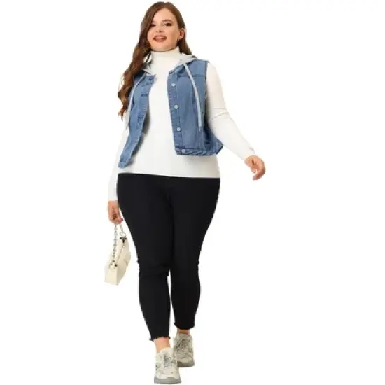 Agnes Orinda Women's Plus Size Button Down Drawstring Hood Denim Utility Jacket with Pocket image {2}