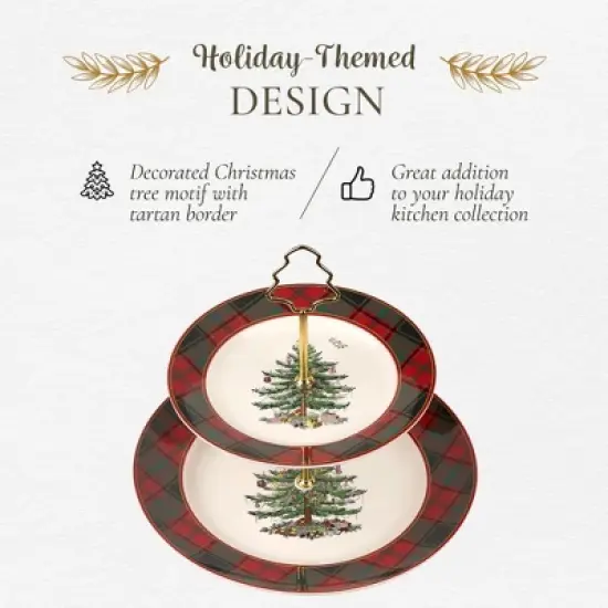 Spode Christmas Tree Tartan 2-Tiered Server, Holiday Cupcake Stand, Dessert Display Set, Earthenware Serving Platter, 10" & 8" Plates, Dishwasher Safe image {2}