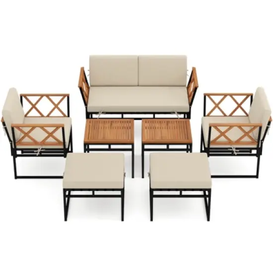Costway 7 PCS Outdoor Conversation Set Acacia Wood Chairs & Coffee Tables Set with Ottomans image {1}