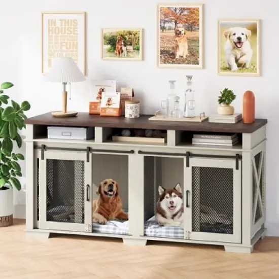 71" Dog Crate Furniture for 2 Dogs, Dog Kennel with 3 Storage Drawers & Removable Divider, Extra Large Double Dog Cage As image {6}