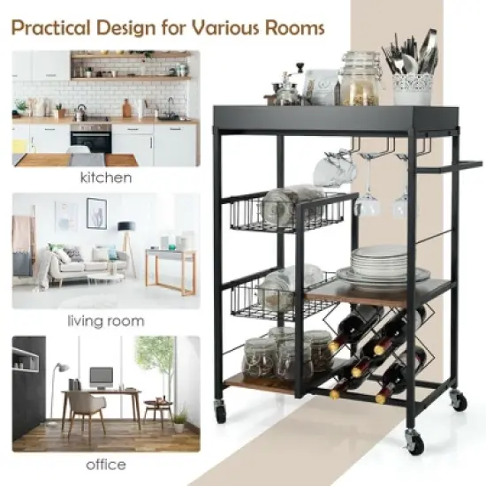 Costway 4-Tier Kitchen Carts  Rolling Serving Trolley Wine Rack Removable Tray Basket image {3}