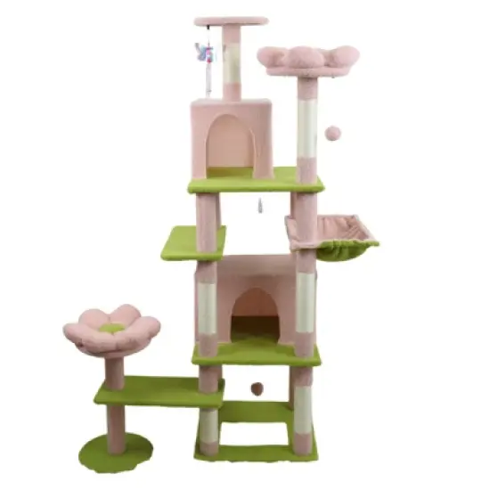SEVOBAL Pet Tower Floral Cat Tree with Spacious Condo and Hammock, Multi-Level Playground for All Age Cats Playing, Sleeping, Pink, 20"*20"*14.4" image {5}