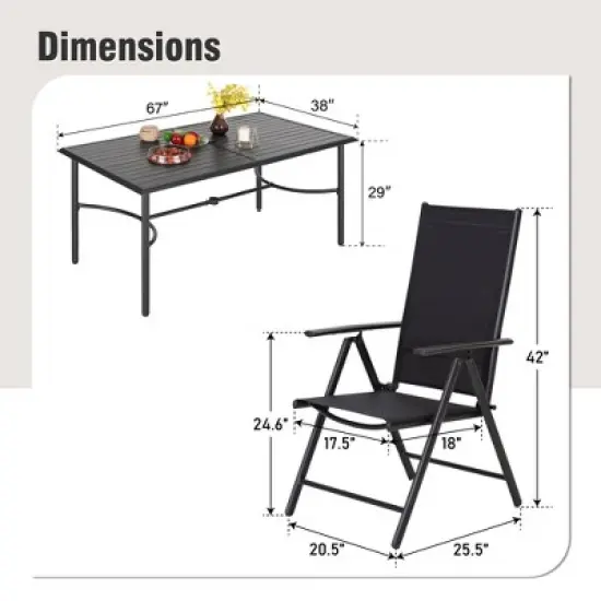Captiva Designs 7pc Patio Dining Rectangular Steel Table & Pre-assembled Textilene Reclining Foldable Chairs image {11}