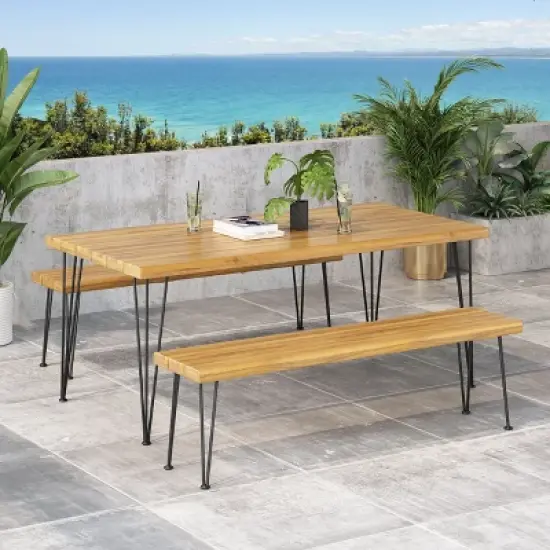 Christopher Knight Home Zion Outdoor Modern Industrial Acacia Wood 3 Piece Picnic Set with Hairpin Legs, Teak and Rustic Metal image {7}