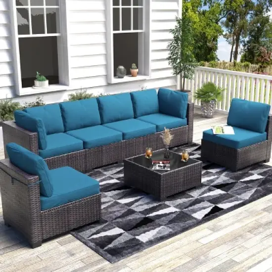 7-Piece Wicker Patio Sofa Set, Outdoor Sectional Couches with Coffee Table and Cushions for Garden and Porch image {11}