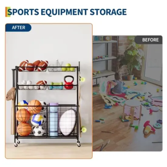 Sports Equipment Garage Organizer, Sports & Toy Storage Organizer for Garage, Outdoor Ball Storage with Baskets, Hooks & Rolling Cart, Ball Rack image {3}
