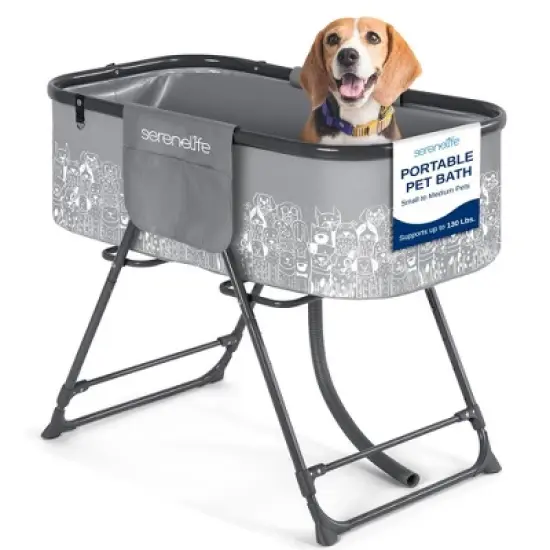 SereneLife Portable Dog Bath Tub with Built-in Drain System, Three-Point Leash Restraint - Gray/Black image {7}