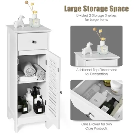 Costway Bathroom Floor Storage Cabinet Side Wooden Organizer w/ Drawer & Shutter Door image {8}
