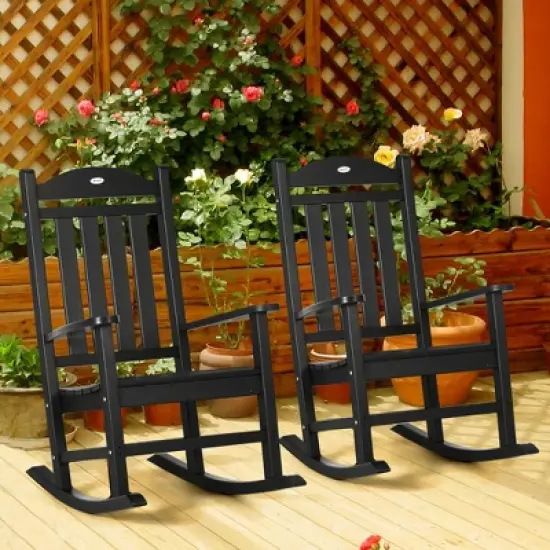 Outsunny 2 Pc Outdoor Rocking Chair, Traditional Slatted Porch Rocker with Armrests, Waterproof HDPE, Black image {2}