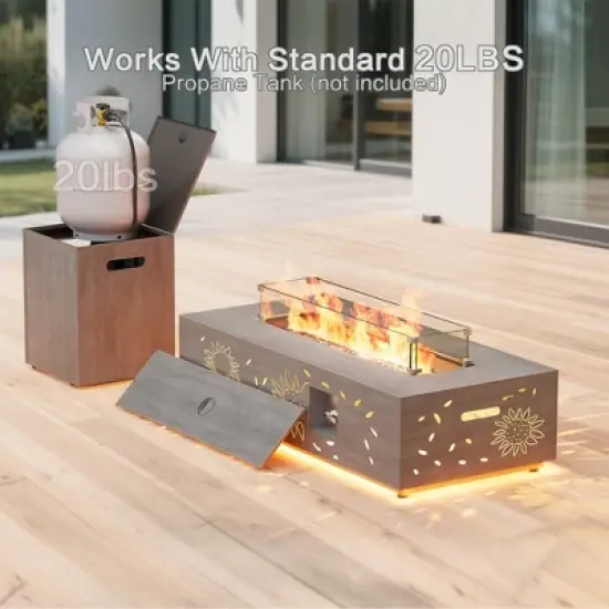 Evita 50,000 BTU Outdoor Fire Pit Table with LED Light, Propane Tank, Windshield, Glass Stone and Rain Cover-42*20*12 Inch image {3}