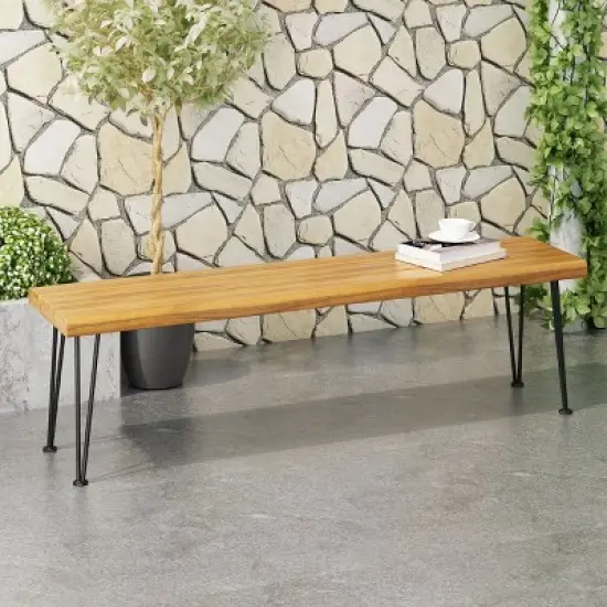 GDFStudio Avy Outdoor Industrial 62" Acacia Wood Bench with Hairpin Legs, Teak image {8}