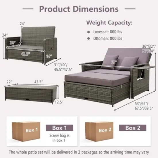 Costway Patio Rattan Daybed Set Wicker Loveseat Sofa with Ottoman & Retractable Side Tray image {2}