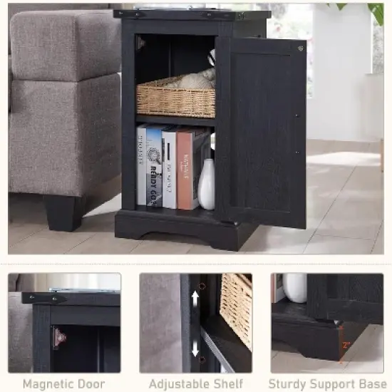 Farmhouse Nightstand with Charging Station & Barn Door & Adjustable Shelf, Rustic Sofa Side Table for Living Room, Bedroom image {3}